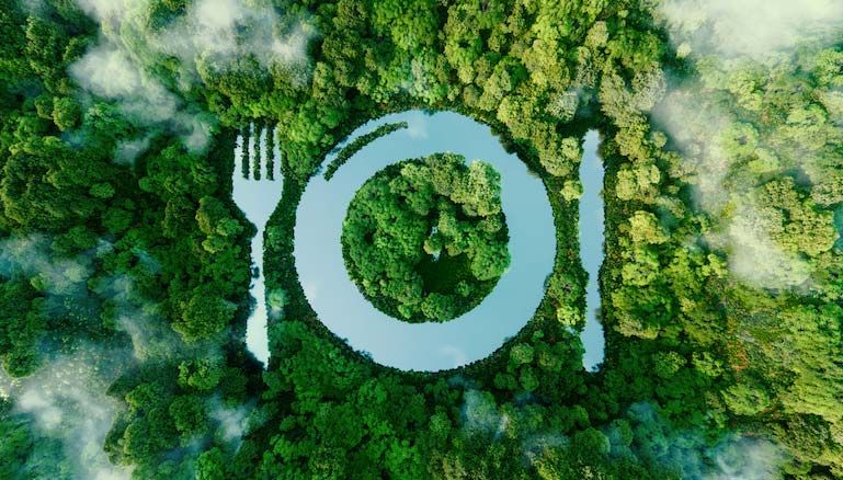 A symbol for eating with a plate, fork and knife to represent a green restaurant and environmentally friendly restaurant destinations .