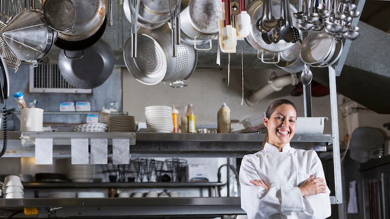 Hispanic chef in commercial kitchen.