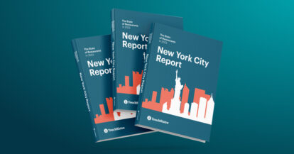 Blue cover image of the 2023 New York City State of Restaurants Report.