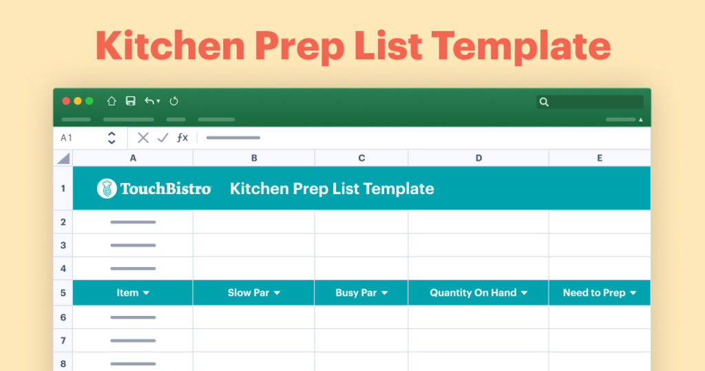 Illustrated spreadsheet of a kitchen prep list template for restaurants.