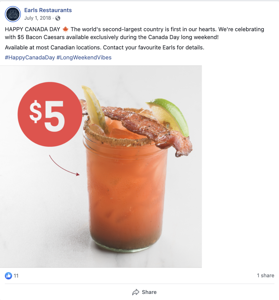 A promotional image of a Bacon Caesar created by Earls Restaurants for Canada Day.