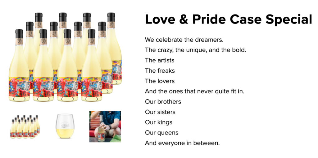 Online description for Tank Garage Winery's special "Love & Pride" wine, a 2018 California white wine.
