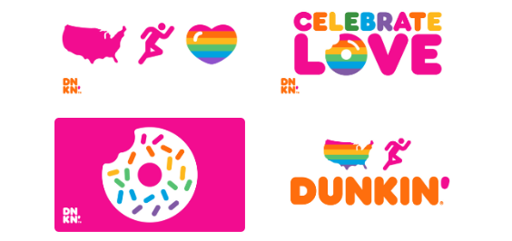 Four different Pride Month gift card designs from Dunkin' featuring rainbow illustrations.