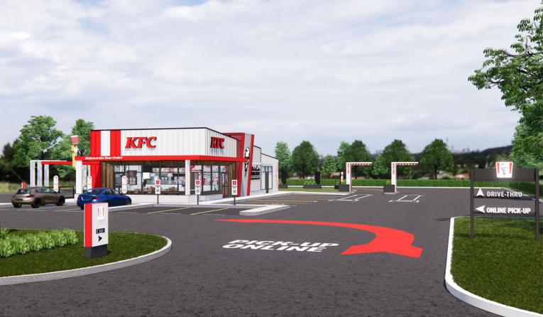 KFC's double drive-thru layout design with one lane for regular drive-thru orders and one lane for online orders.