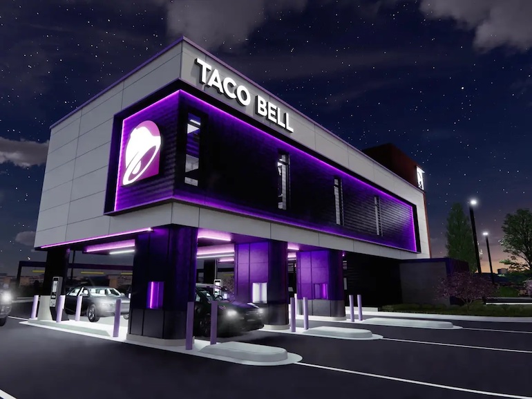A futuristic image of the Taco Bell drive-thru at night.