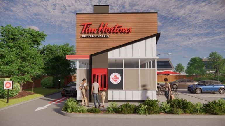 An image of a drive-thru-only Tim Hortons restaurant concept.