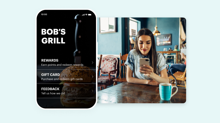 A woman sitting in a cafe and using her mobile phone, alongside a screenshot of a phone showing a loyalty program app.