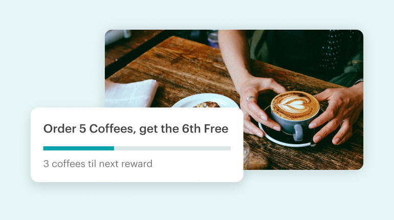 An image of a latte on a table and then a graphic that shows a reward meter with the text "Order 5 Coffees, get the 6th Free."