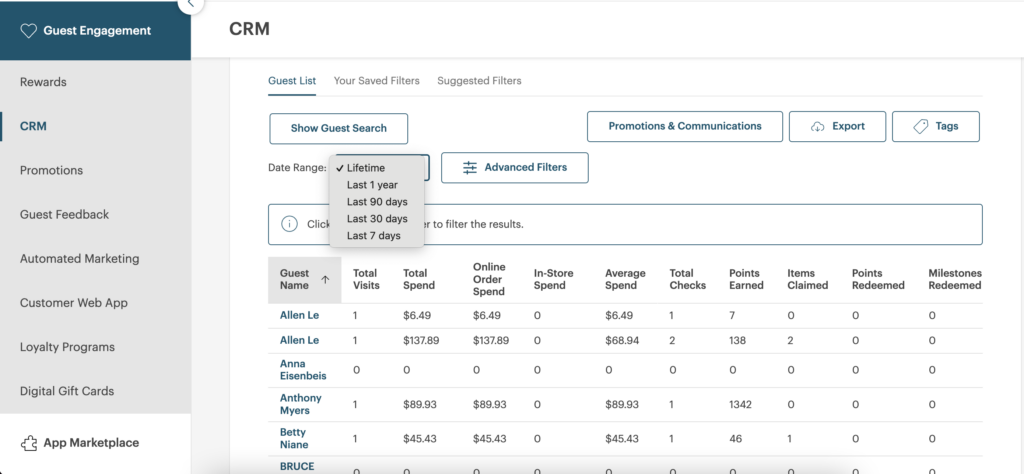 A screenshot of the TouchBistro CRM showing how to use the date range filter.