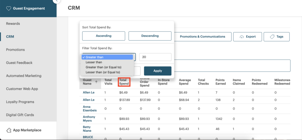 A screenshot of the TouchBistro CRM showing how to use the total spend filter.