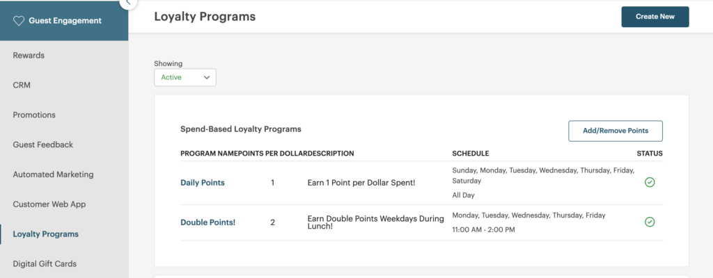 A screenshot of TouchBistro Loyalty showing a Daily Points reward program and a Double Points reward program.