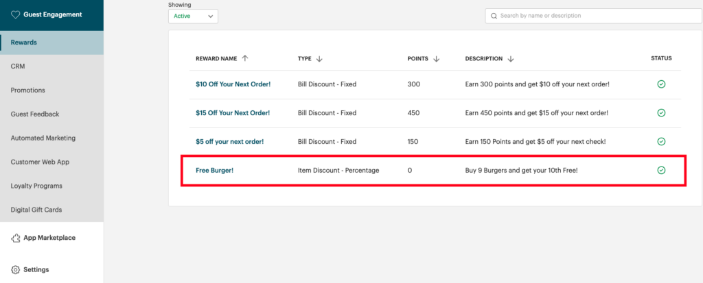 A screenshot of TouchBistro Loyalty showing the rewards diners get for each level of the Burger Club reward program.