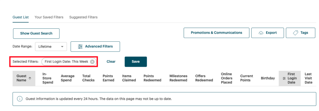 A screenshot of the TouchBistro CRM showing how to filter guests by first login date.