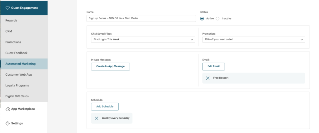 A screenshot of the TouchBistro CRM showing how to set up an automation for a sign-up bonus.