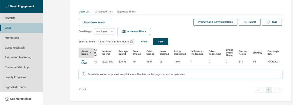 A screenshot of the TouchBistro CRM showing how to filter guests so you can set up marketing promotions.