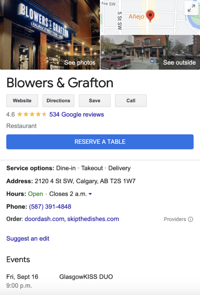 Google My Business profile for the Canadian restaurant Blowers and Grafton.