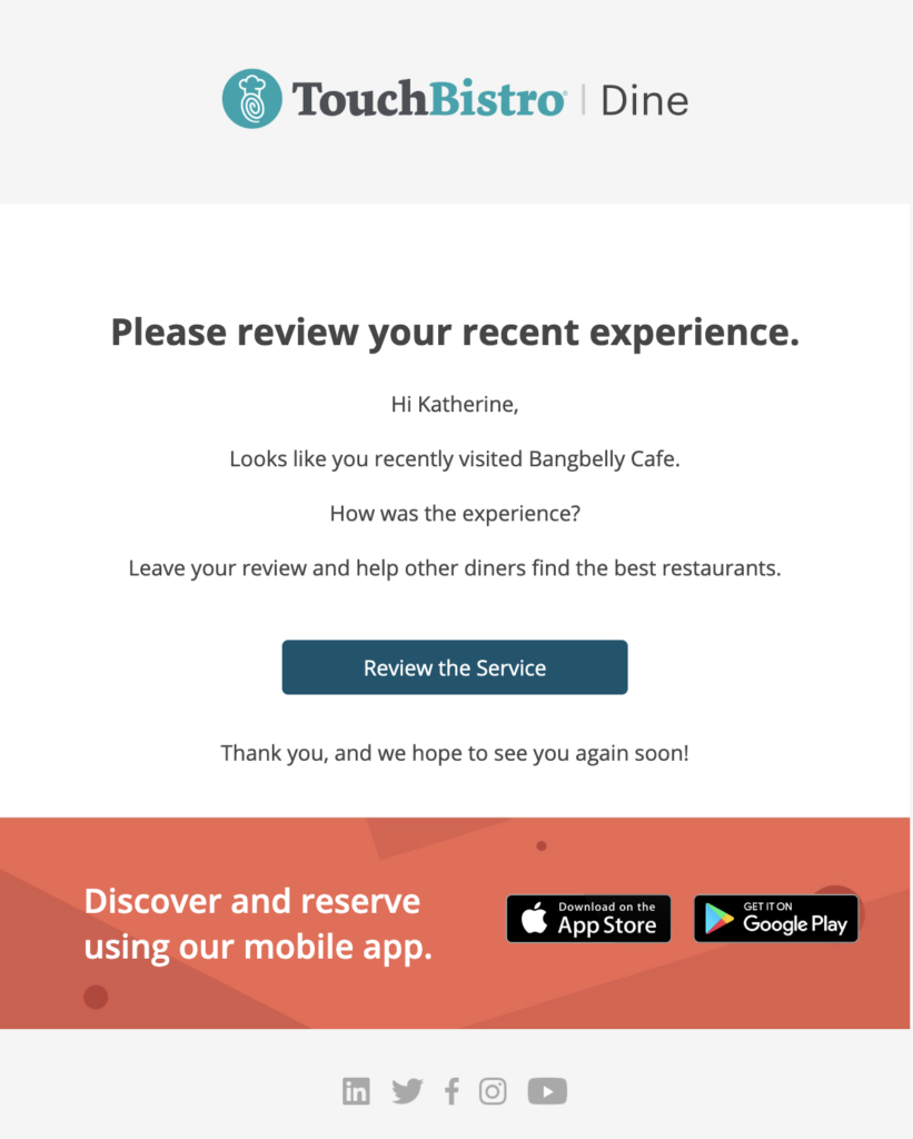 A review request email from the TouchBistro Dine platform for the restaurant Bangbelly Cafe.