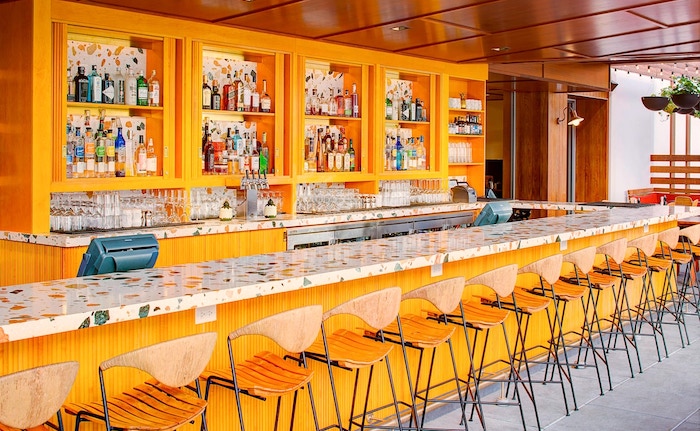 Colorful terrazzo bar top at the Laylow restaurant in Honolulu, Hawaii.