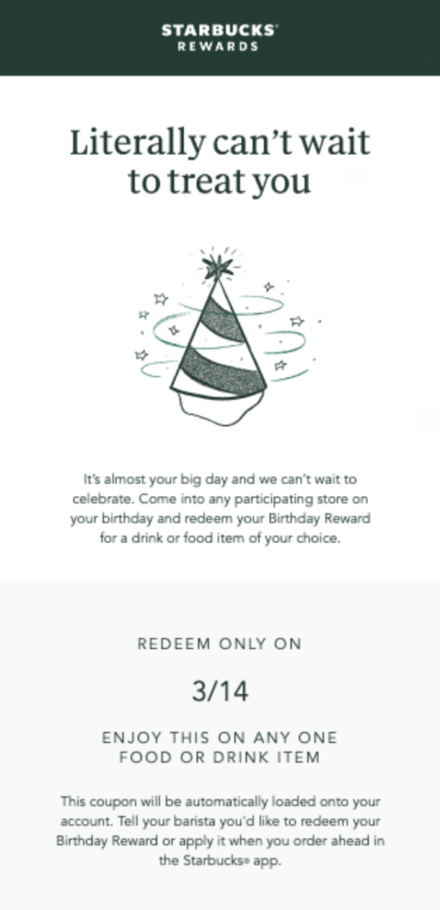 An email from Starbucks offering the user a Birthday Reward for a free drink of food item of their choice. 