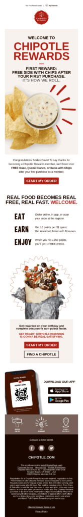 An email welcoming the user to Chipotle and offering a free side of chips after their first purchase.