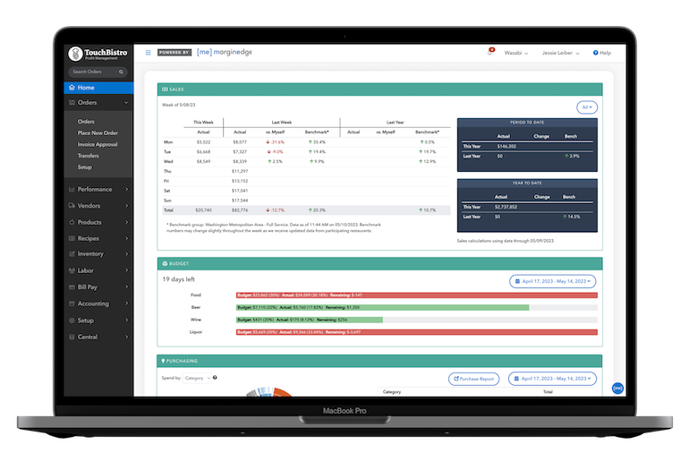 Laptop showing TouchBistro Profit Management Powered by MarginEdge.