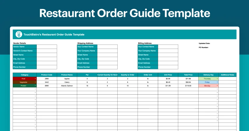 Preview image of a Restaurant Order Guide Template spreadsheet.