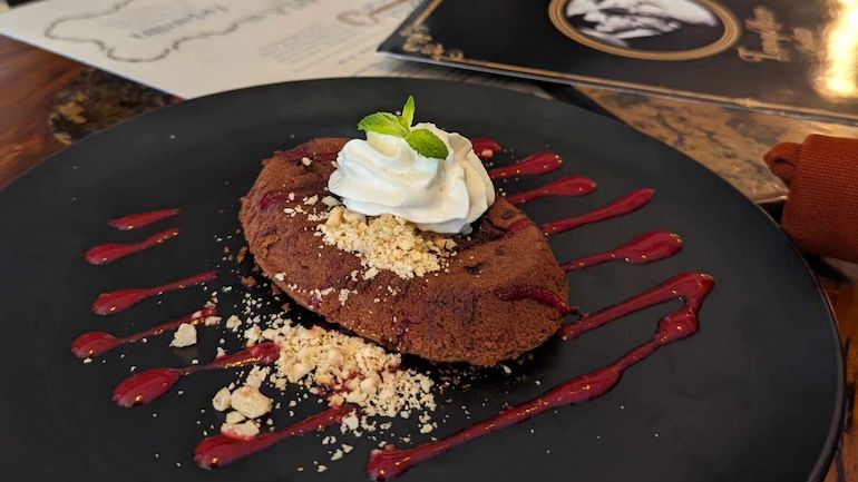 Beautifully plated spicy chocolate lava cake from Tango Nuevo.