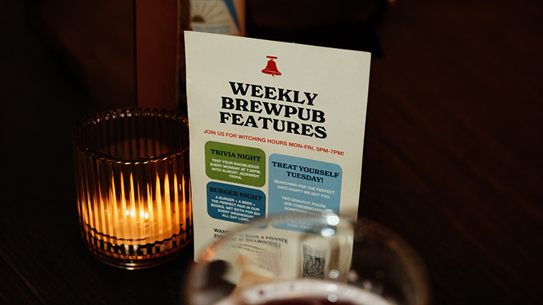 Sign of the weekly brewpub features at Bellwoods Brewery next to to lit candle.