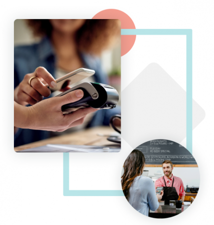 TouchBistro Payments powered by Chase 2 Images with shapes in the background. Left image is A customer tapping their phone to use as payment on a payment terminal. And the right image is a cashier holding out the payment terminal for the customer who is inserting their card.
