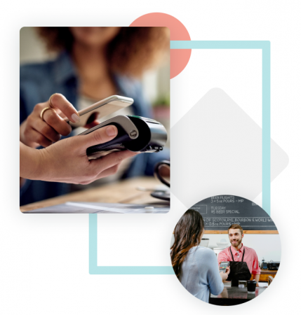 2 Images with shapes in the background. Left image is A customer tapping their phone to use as payment on a payment terminal. And the right image is a cashier holding out the payment terminal for the customer who is inserting their card.